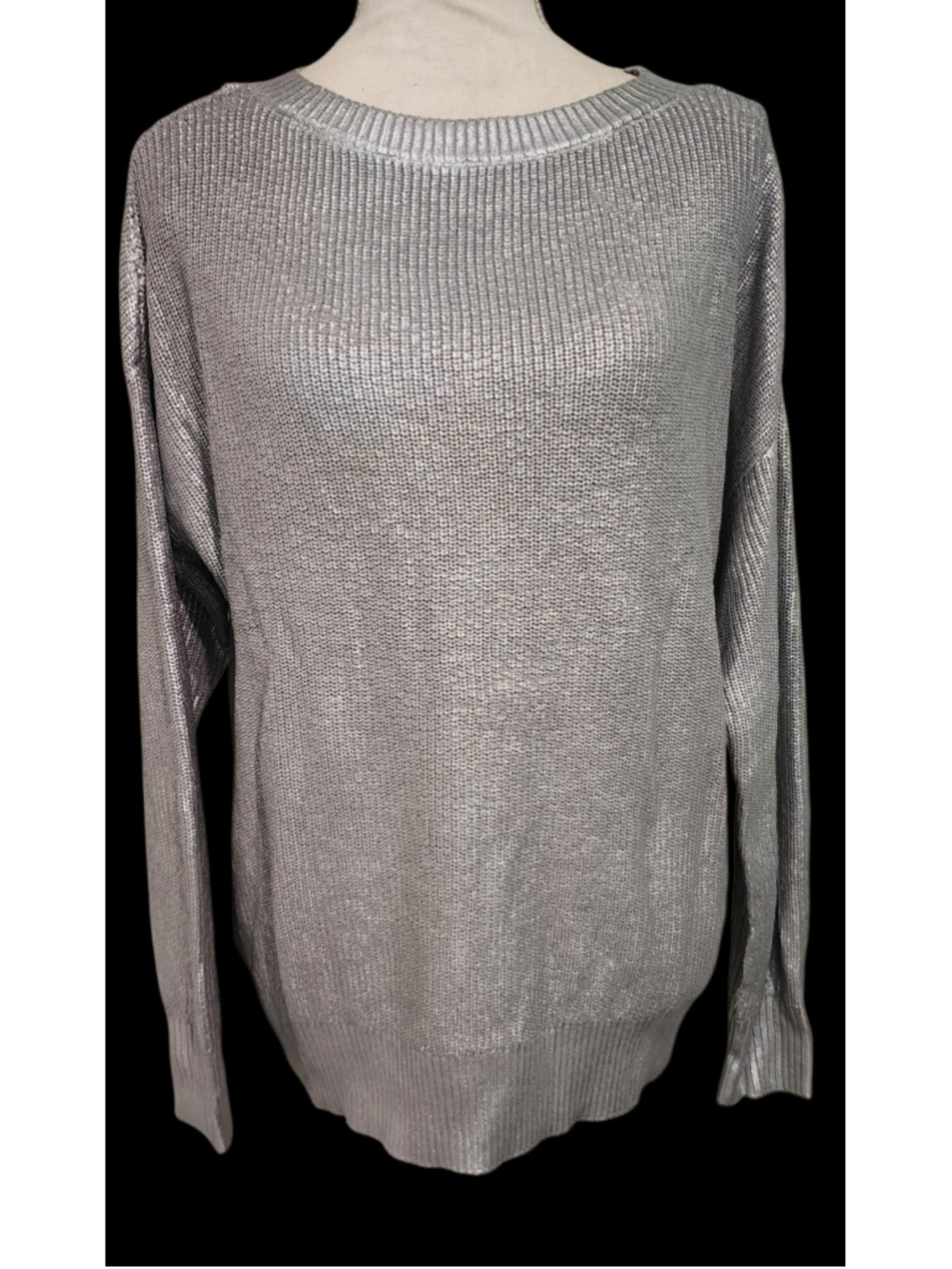 I.N.C. Silver Metallic Ribbed Knit Long Sleeve Sweater Size M NWT Holiday Party